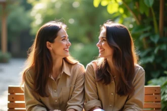 Deux jumelles adultes identiques assises dans un jardin botanique, illustrant l'hérédité génétique des jumeaux