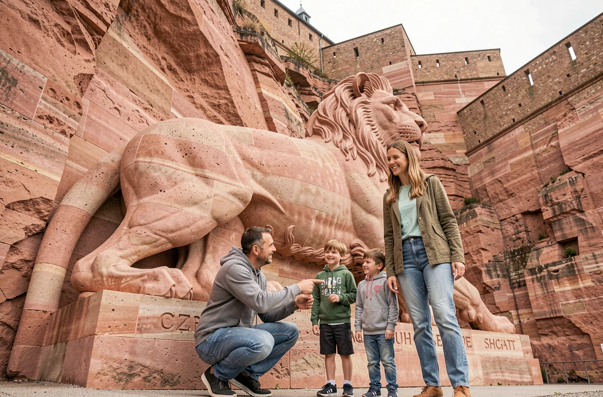 Famille admirant le Lion de Belfort sculpté par Bartholdi dans la roche grès rouge sous la Citadelle de Belfort