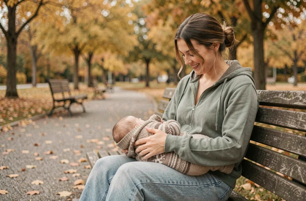 Jeune mère souriante avec son bébé sur les genoux dans un parc en automne