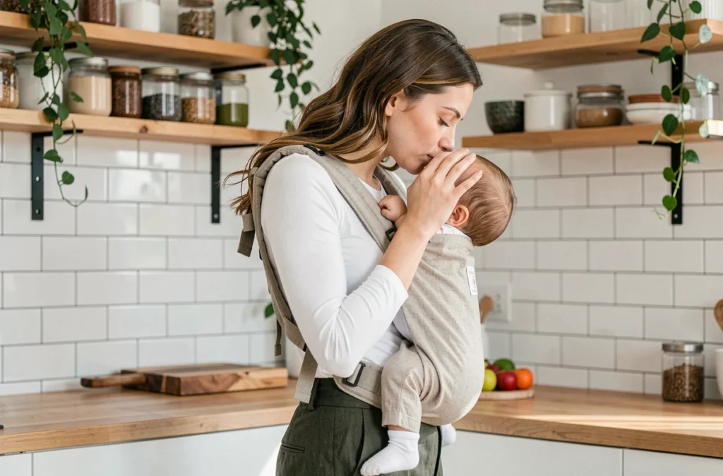 Maman portant son bébé en écharpe porte-bébé dans une cuisine moderne et lumineuse