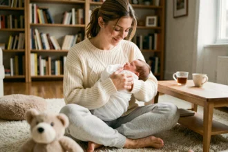 Jeune maman tenant tendrement son nouveau-né dans ses bras dans un salon chaleureux et intimiste