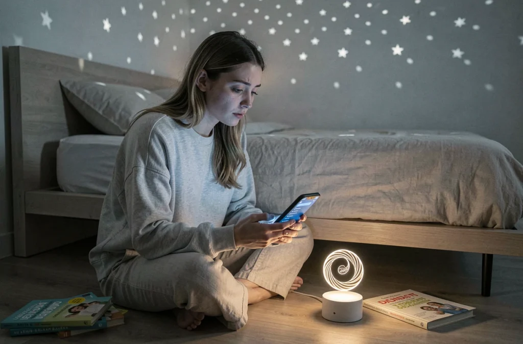 Jeune maman fatiguée utilisant son smartphone pour contrôler une veilleuse musicale connectée posée sur le sol d'une chambre minimaliste