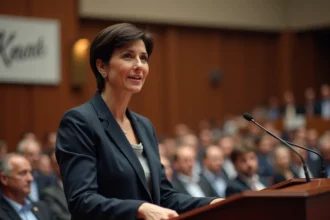 Femme politique en blazer prenant la parole à un pupitre lors d'une conférence politique, illustrant un article sur les archives familiales de Manon Aubry et Jean-Luc Mélenchon