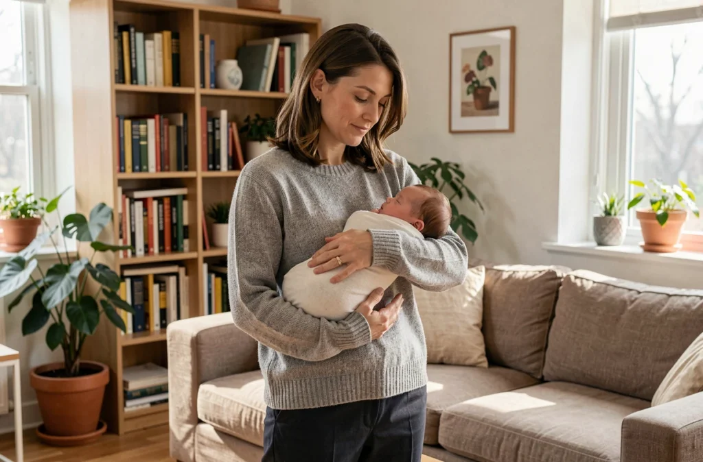 Femme tenant un nouveau-né dans ses bras dans un appartement chaleureux, symbolisant la maternité et l'équilibre vie professionnelle et personnelle