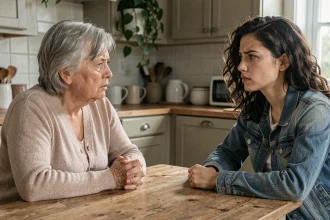 Mère et fille adulte en désaccord autour d'une table de cuisine, tension émotionnelle visible dans leurs expressions