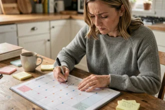 Mère organisant un planning de garde partagée imprimé avec des marqueurs colorés à la table de cuisine