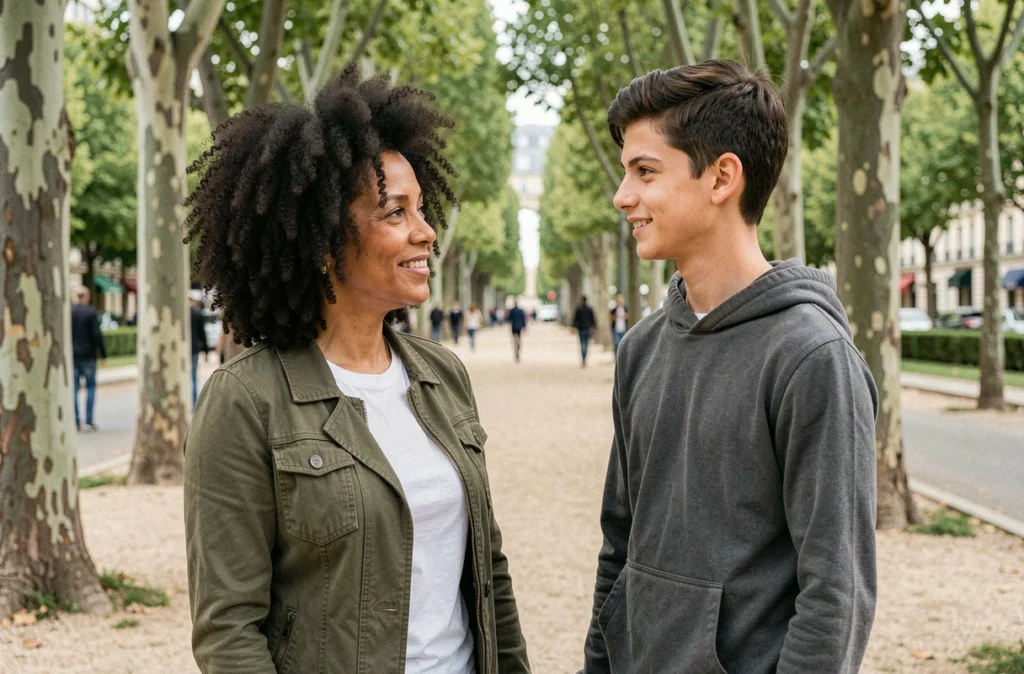 Mia Frye et son fils Chaka dans un parc parisien, échange complice entre mère et fils adolescent