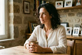Mia Frye assise dans sa cuisine parisienne, tenant une tasse, regard pensif et atmosphère familiale intime