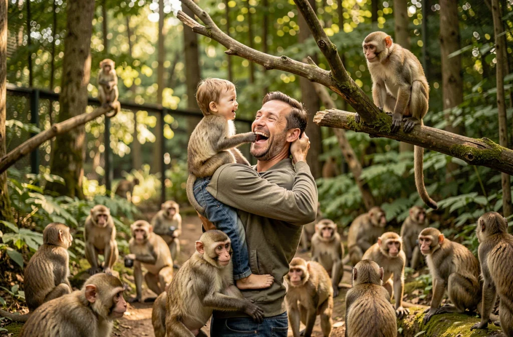 Père et enfant souriants entourés de macaques en liberté dans la forêt du parc de la Montagne des Singes à Kintzheim