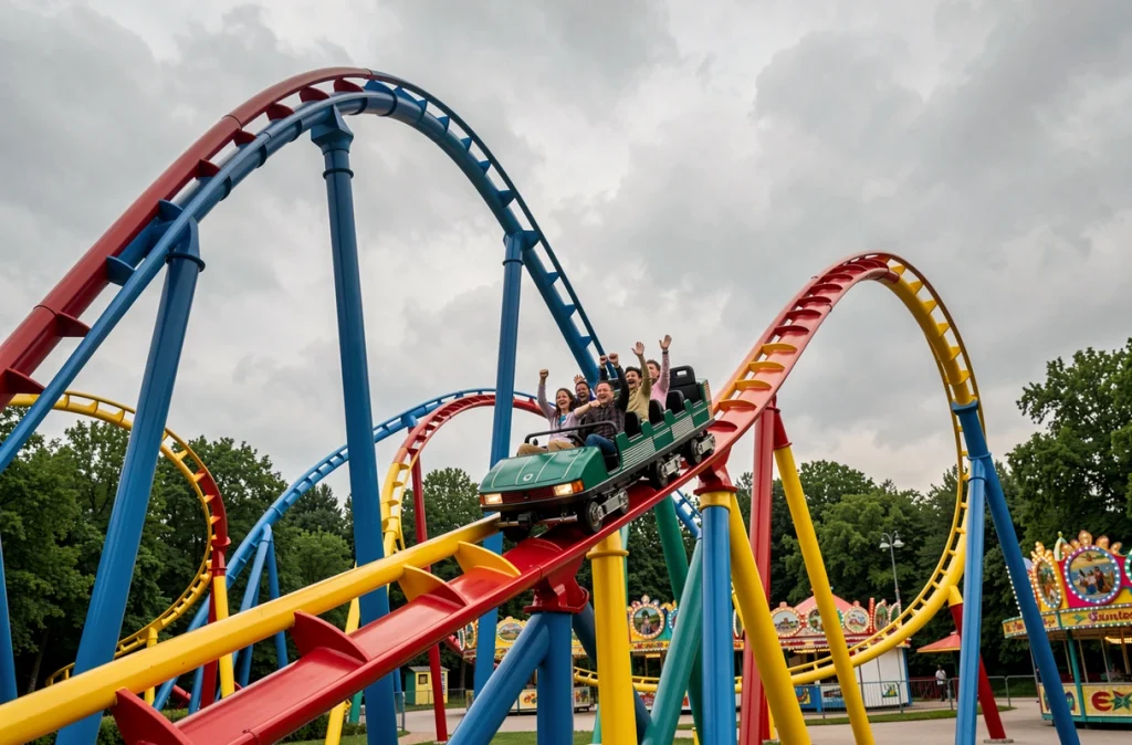 Montagne russe Big Bang Schtroumpf en pleine action avec passagers dans un parc d'attractions français