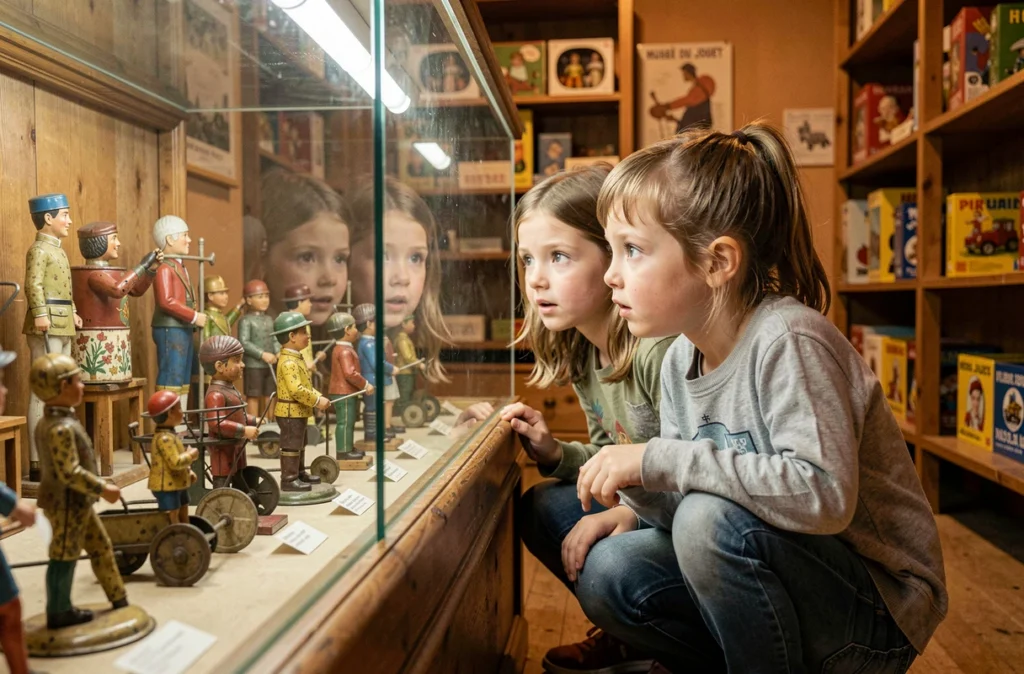 Deux enfants fascinés observant une vitrine de jouets anciens en étain et figurines mécaniques au Musée du Jouet de Colmar