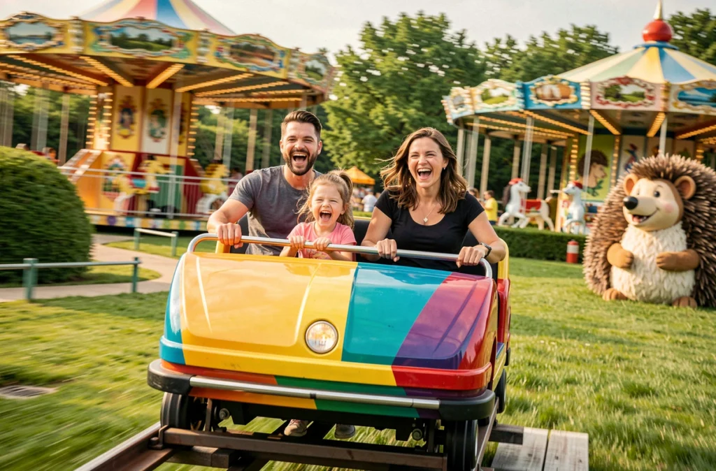 Famille en train de faire un tour de montagnes russes colorées au parc d'attractions Nigloland, enfants hilares les bras levés