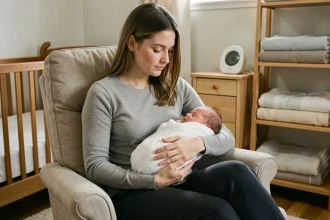 Nounou de nuit tenant un nouveau-né emmailloté dans une chambre de bébé organisée et apaisante