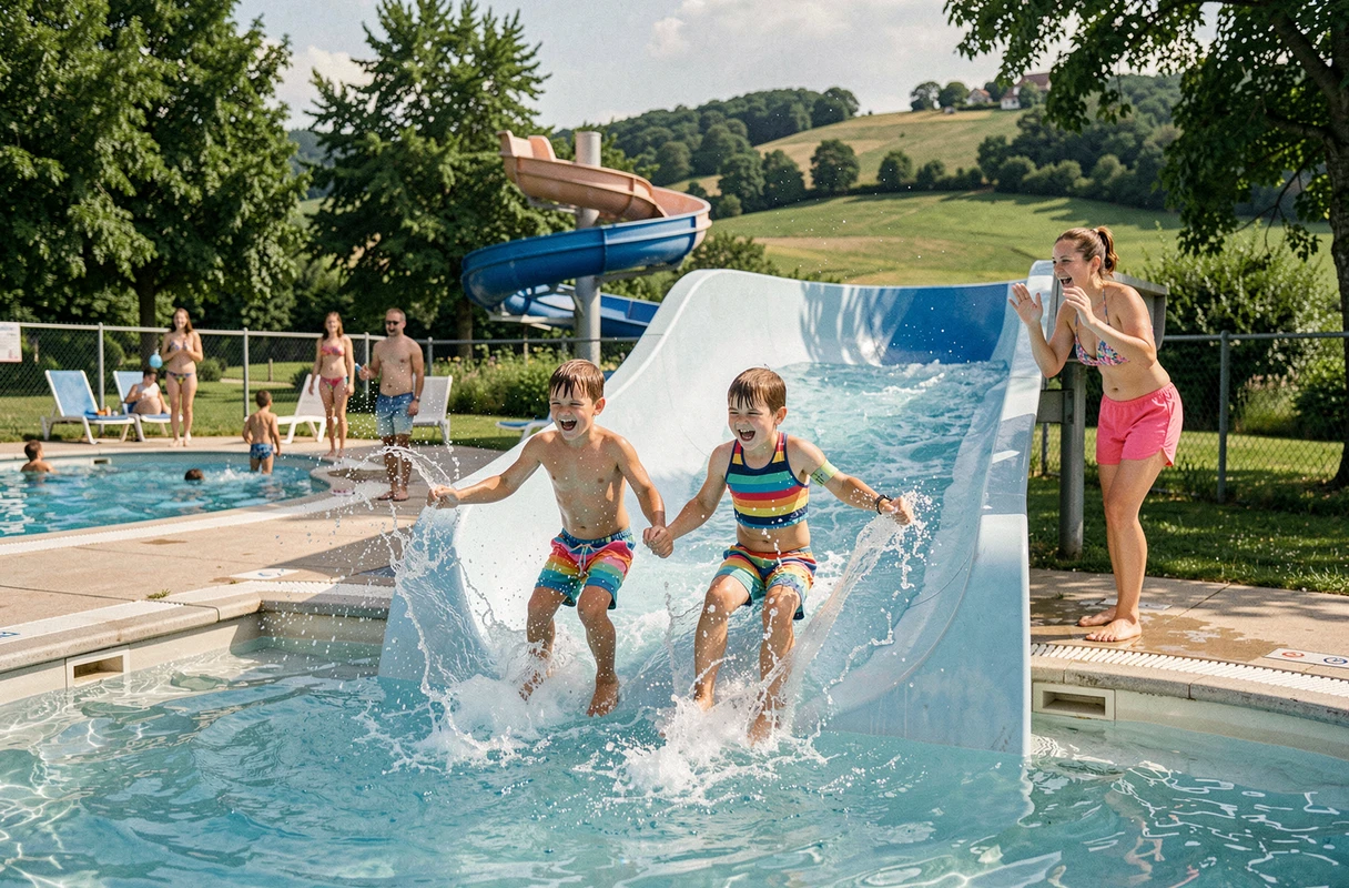 Enfants s'amusant sur les toboggans aquatiques du Parc de l'Auxois, parc de loisirs avec espace aquatique en Bourgogne