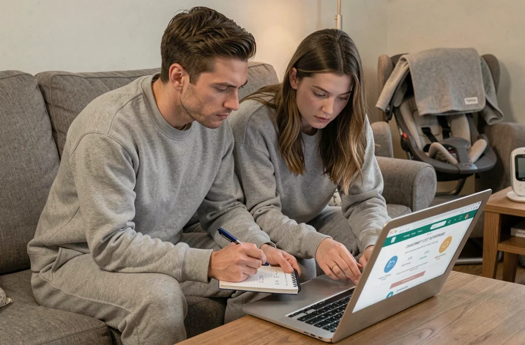 Parents de nouveau-né comparant les tarifs de garde de nuit sur un ordinateur portable dans leur salon