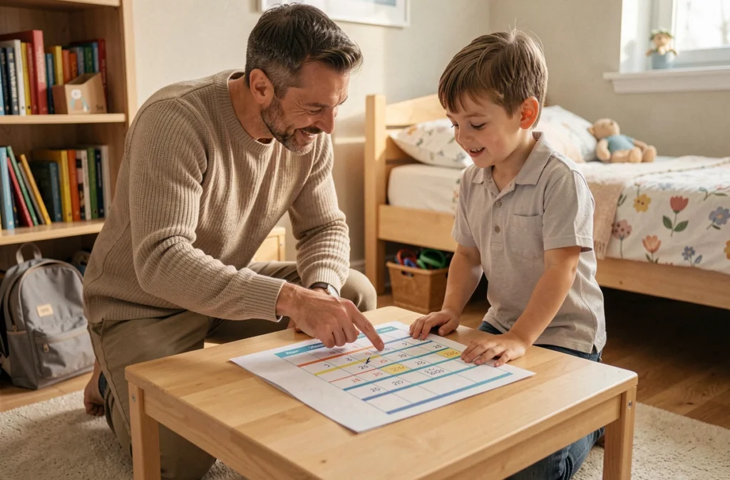 Père expliquant un planning de garde imprimé à son fils devant un bureau dans une chambre d'enfant