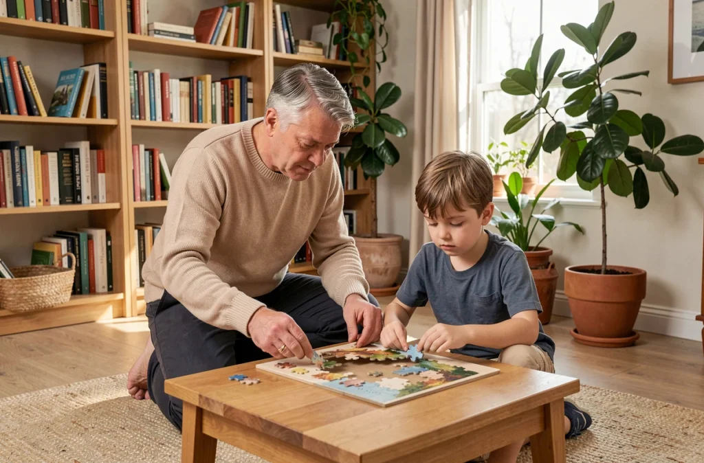 Un père et son fils en train de faire un puzzle ensemble dans un salon chaleureux et familial