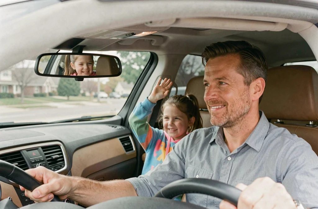 Père souriant dans le rétroviseur pendant un jeu de devinettes en voiture avec sa fille
