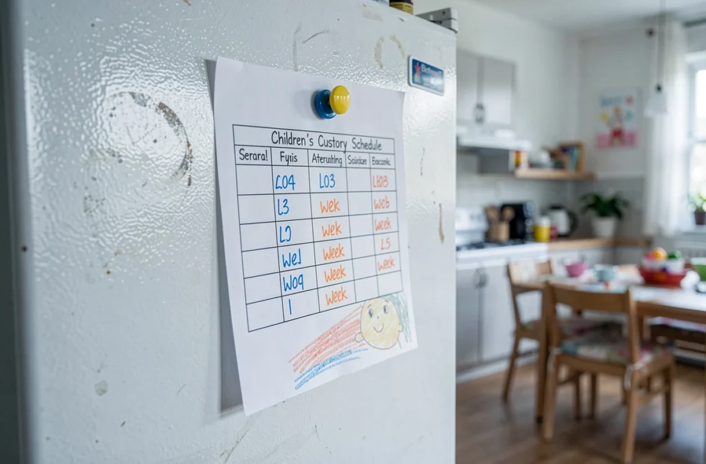 Planning de garde alternée imprimé affiché sur un réfrigérateur familial avec des aimants colorés