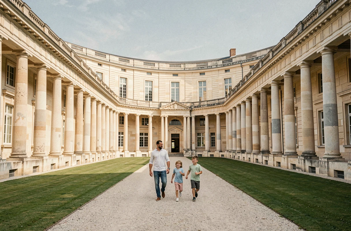 Famille se promenant dans la cour principale de la Saline Royale d'Arc-et-Senans, chef-d'œuvre architectural de Ledoux classé UNESCO