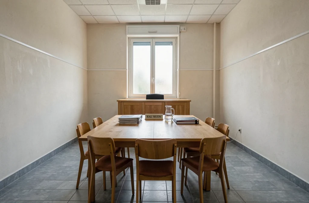 Salle d'audience vide du juge des enfants avec table centrale, chaises et bureau du magistrat dans un tribunal français