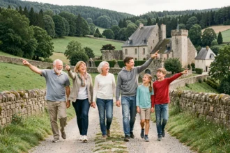 Famille multigénérationnelle se promenant ensemble dans un paysage typique de Bourgogne-Franche-Comté avec collines verdoyantes et architecture médiévale