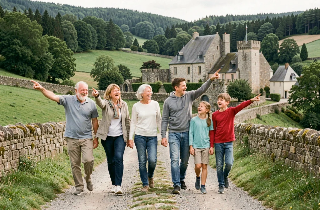 Famille multigénérationnelle se promenant ensemble dans un paysage typique de Bourgogne-Franche-Comté avec collines verdoyantes et architecture médiévale