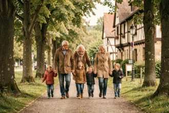 Famille heureuse explorant une attraction en plein air dans le Grand Est, parents et enfants sur un chemin bordé d'arbres avec architecture alsacienne
