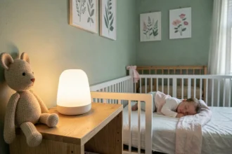 Veilleuse lumineuse connectée posée sur une étagère en bois dans une chambre de bébé apaisante, avec un nourrisson endormi dans un berceau blanc en arrière-plan