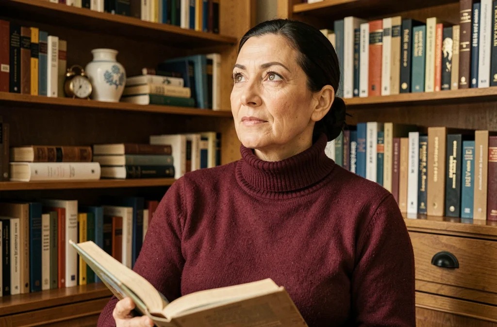 Femme dans une bibliothèque personnelle tenant un livre ouvert, symbolisant la vie intime et privée d'une personnalité médiatique