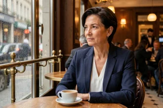 Femme journaliste réfléchissant dans un café parisien, illustrant la vie privée de Véronique Jacquier