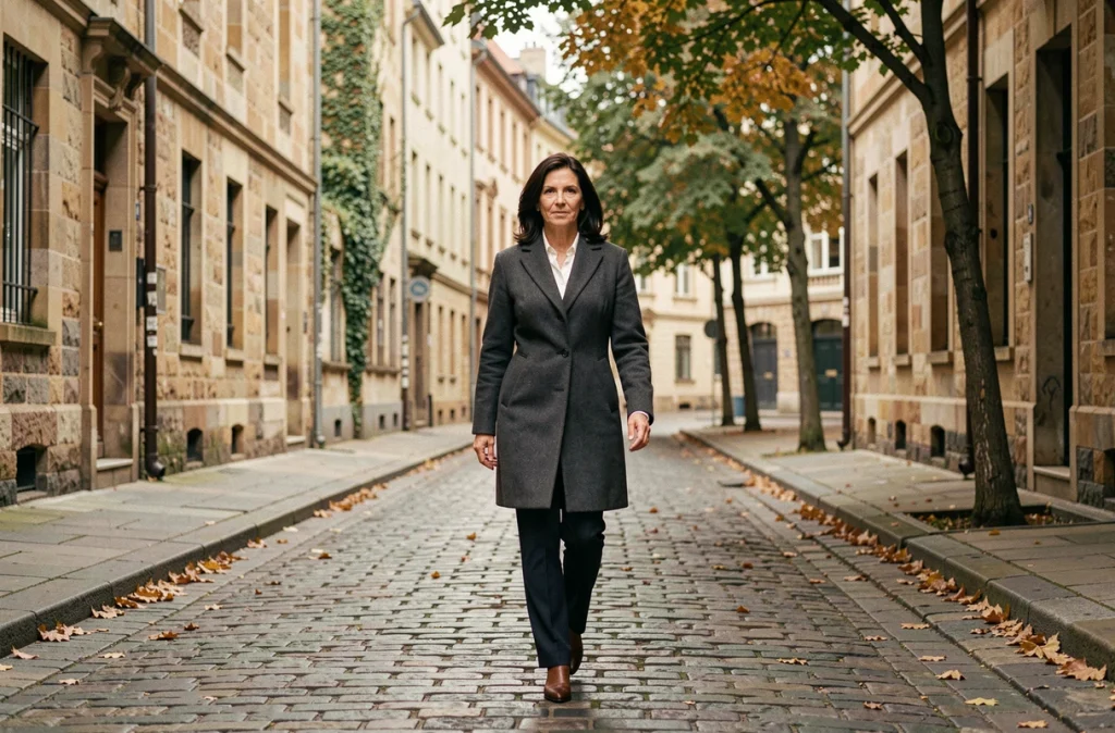 Femme élégante marchant dans une rue pavée européenne, évoquant la discrétion et la vie personnelle d'une journaliste connue