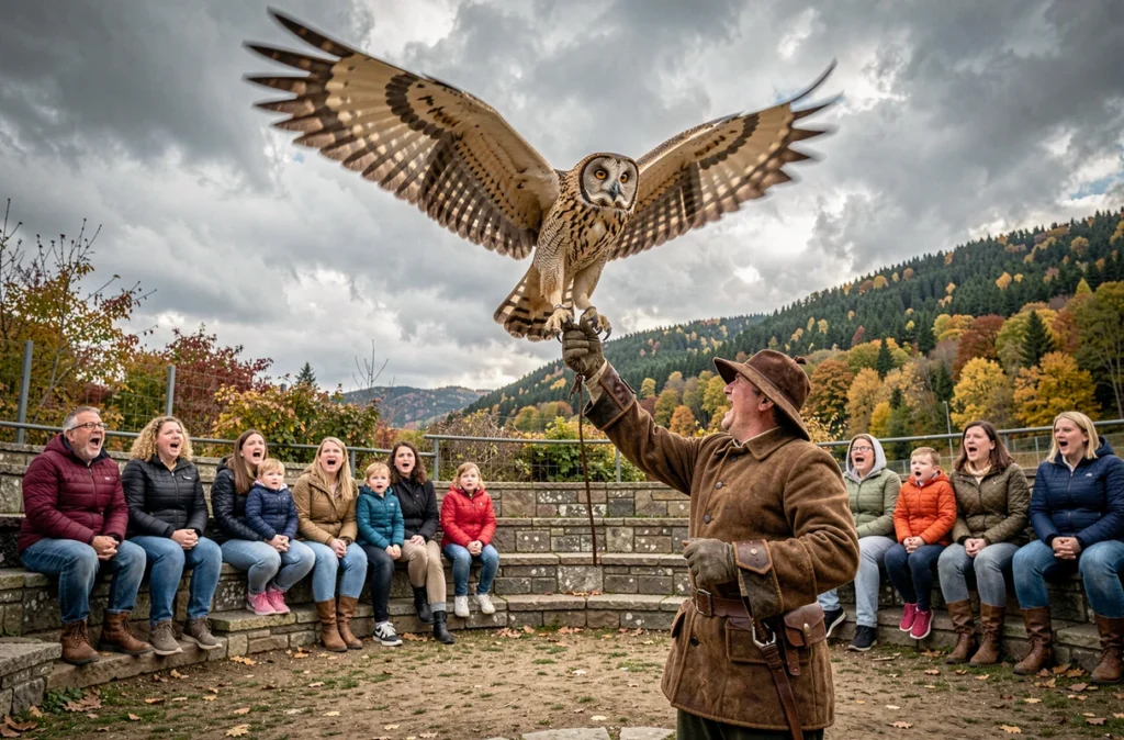 Fauconnier lançant un grand duc en plein vol devant un public familial ébahi lors d'un spectacle à la Volerie des Aigles à Kintzheim