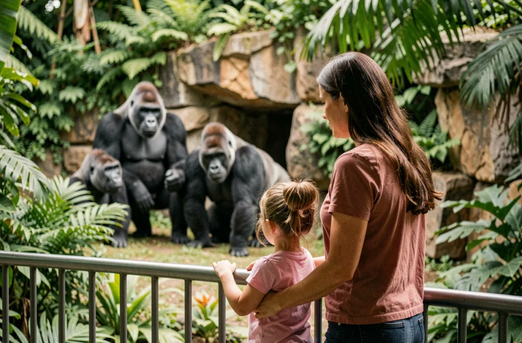 Mère et fille observant des gorilles dans leur enclos naturalisé au Parc Zoologique et Botanique de Mulhouse